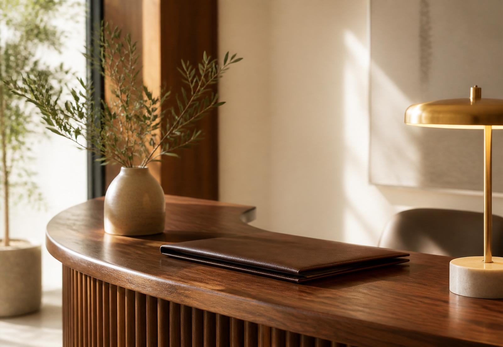 Warm walnut reception desk with olive branches and brass lamp — My PowerPlant clinic detail