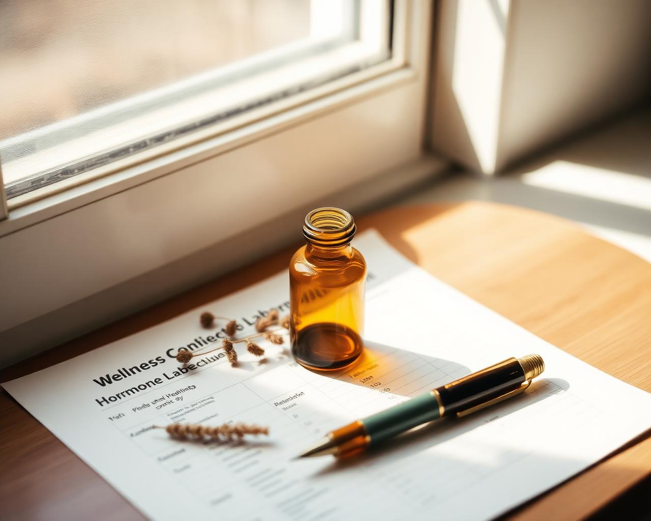Amber collection bottle on a printed hormone lab chart in soft window light