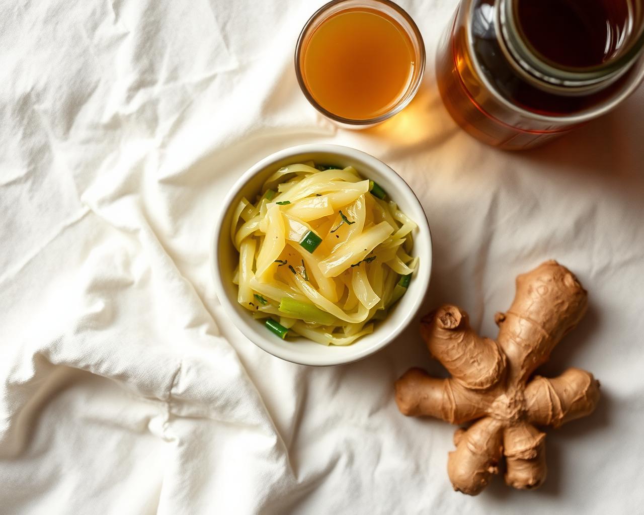 Bowl of sauerkraut, kombucha, and fresh ginger on cream linen