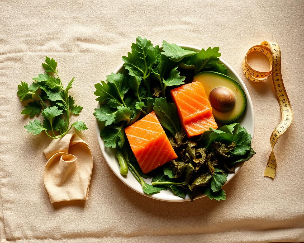 Plate of whole foods with salmon, greens, and avocado beside a measuring tape