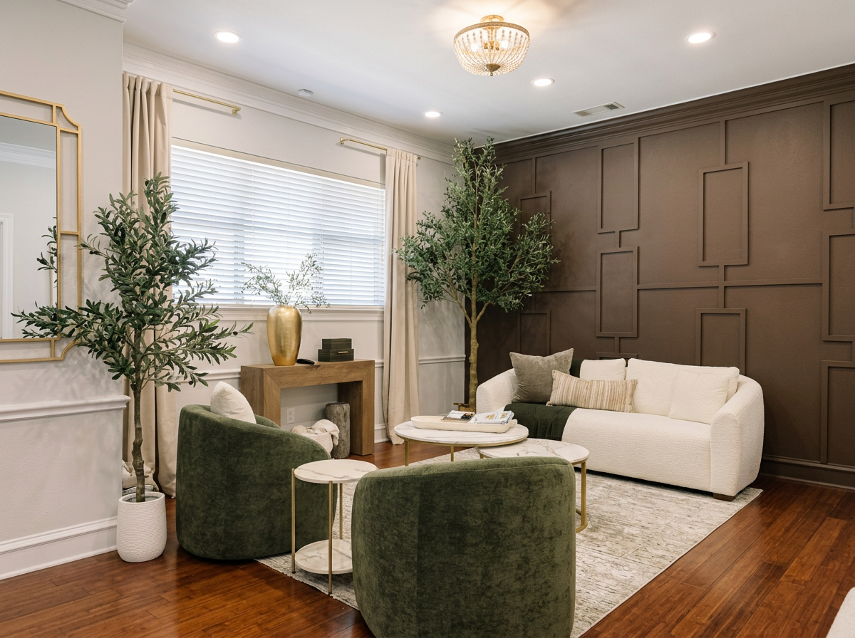 The Grapevine clinic waiting room — olive trees, green velvet chairs, warm wood floors