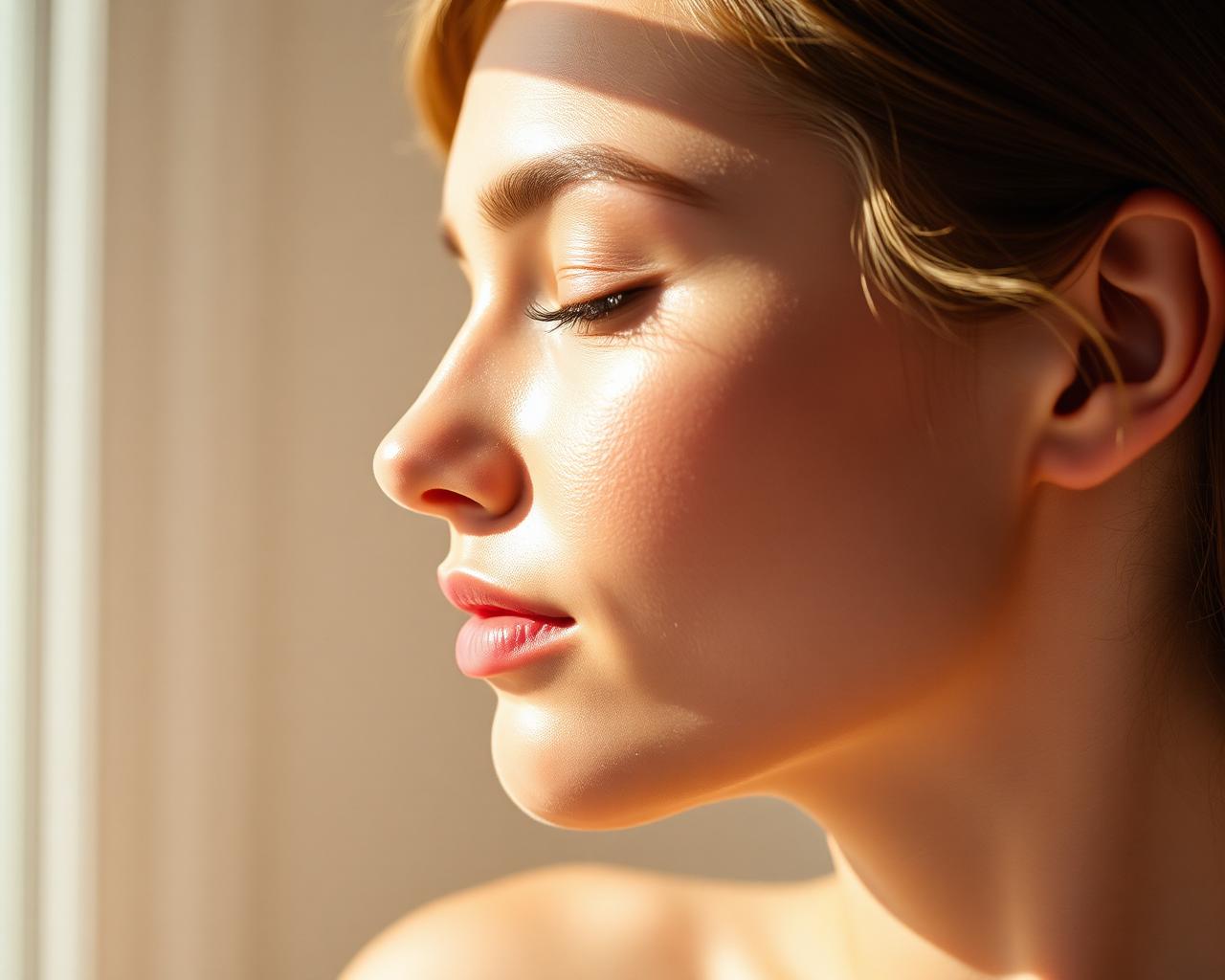 Soft close-up profile of a woman's luminous, calm skin in window light